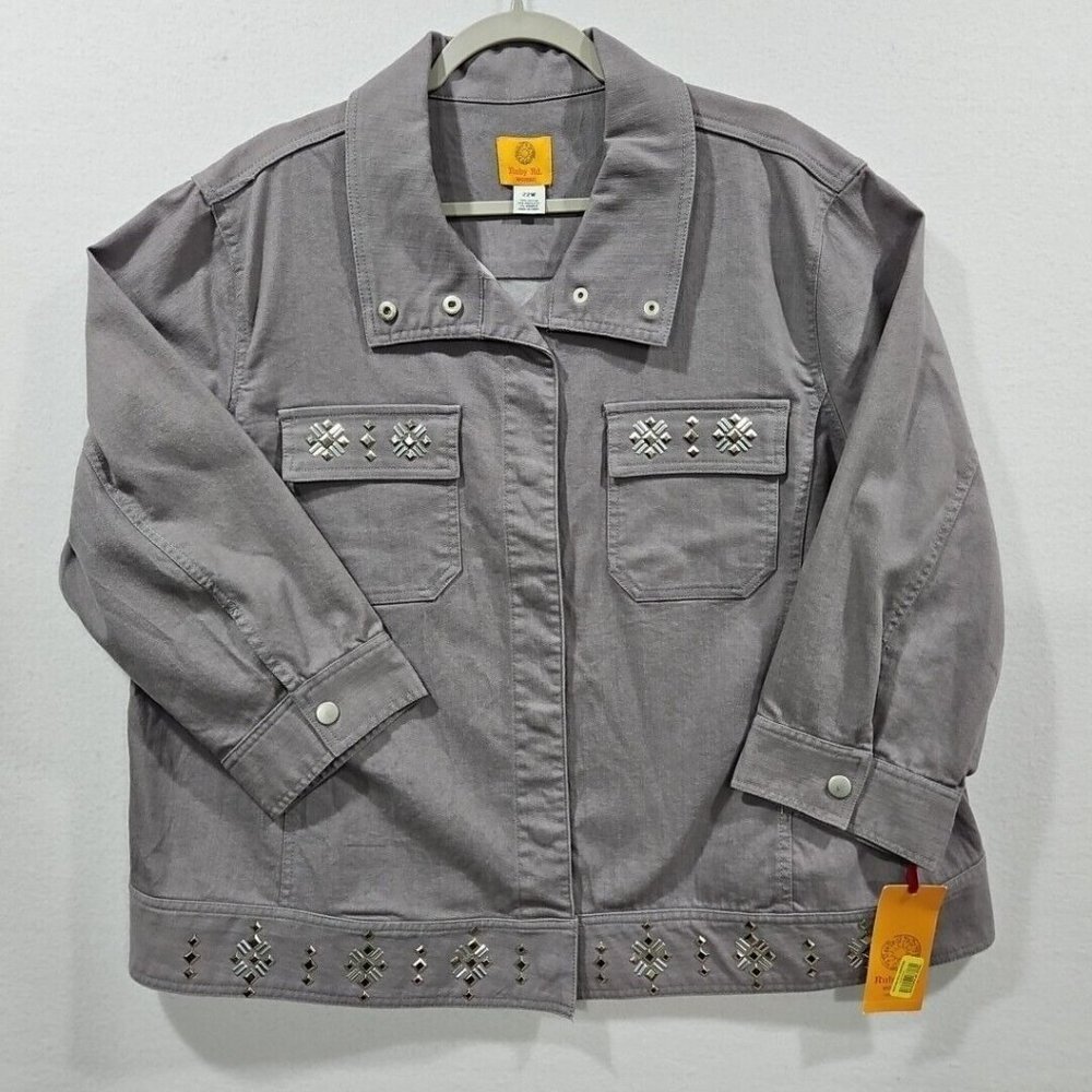 Ruby Rd. Womens 22W Gray Denim Jean Jacket Silver Accents 3/4‎ Sleeve